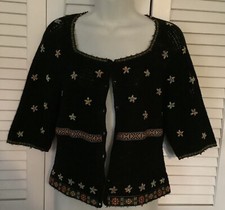 Vtg Crochet Crop Top Black Beaded Flowers  Embroidered Ribbon Trim BOHO Med