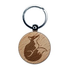 Sitting Fox Looking Up Engraved Wood Round Keychain Tag Charm