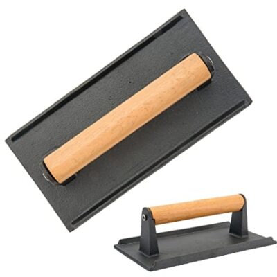 Alpine Cuisine Grill Press Cast Iron - 8x4.5in - Pre Seasoned with Wood Handle