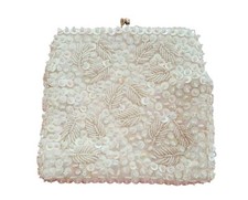 Vintage Pocketbook Ivory Sequin Leaves Gold Chain Shoulder Bag Iridescent Beads
