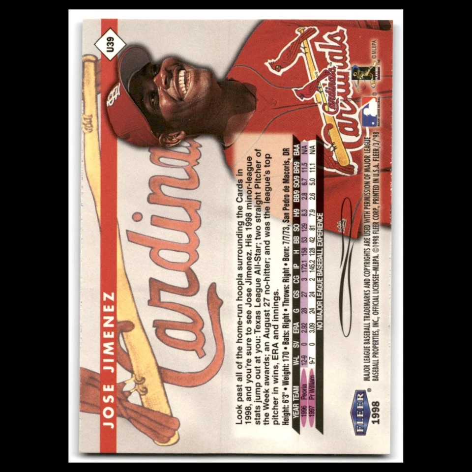 Jose Jimenez Rookie #U39 1998 Fleer Tradition Update St. Louis Cardinals Card NM - Image 2 of 3