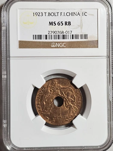 French Indochina 1 Cent 1923 Thunder Bolt NGC MS 65 RB