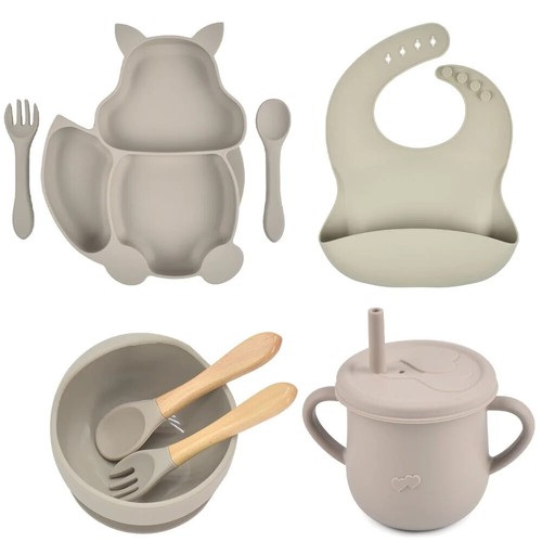 8PCS/Set Baby Sucker Bowl Plate Cup Bibs Spoon Fork Sets Children Feeding Dishes - Picture 45 of 51