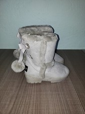 Bebe Girls Black Gray Boots with Faux Fur Tied with Pom Pom Accent's size 7 EUC