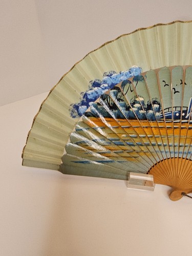 Vintage Japanese Fan Hand Painted bamboo, Washi Japanese Paper Asian 16 x 8.5 - Picture 2 of 18