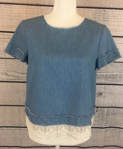 After Market Blue Chambray Short Sleeve Shirt Lace Trim Junior Women’s Size M - 第 1/8 張圖片