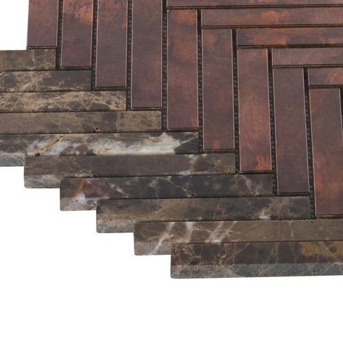 Brown Antique Copper Color Metal Emperador Chevron Style Herringbone Backsplash - Picture 4 of 21