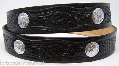 Vtg Black Western Leather Tooled Concho Belt Braided Lace Detail Unisex Sz 34 Vtg Black Western Leather Tooled Concho Belt Braided Lace  main image 4
