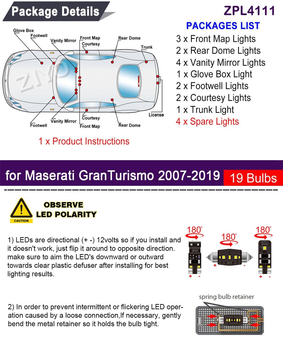 19 Bulbs LED Light Bulbs Interior Light Kit for Maserati