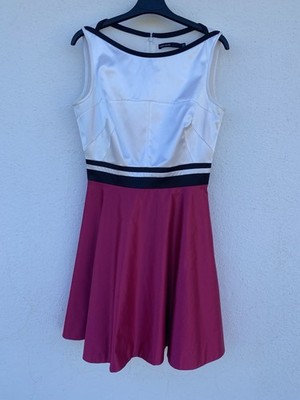 Karen Millen Colorblock Skater Dress Satin Pink White Black Cocktail Party US 6