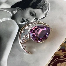Vtg Crescent Moon Clear Rhinestone Brooch Pin W/Amethyst Glass -1990s -1.75x1.5”
