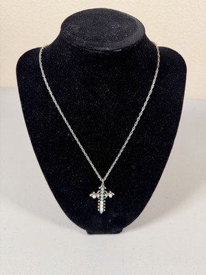 Vintage CACO Sterling Link Rope Chain W/ Cross Pendant Turquoise/Pearls 17 