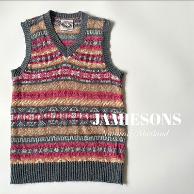 Jamieson's Fair Isle Cotton Linen V-Neck Knit Vest Made in UK Unisex Classic Fit