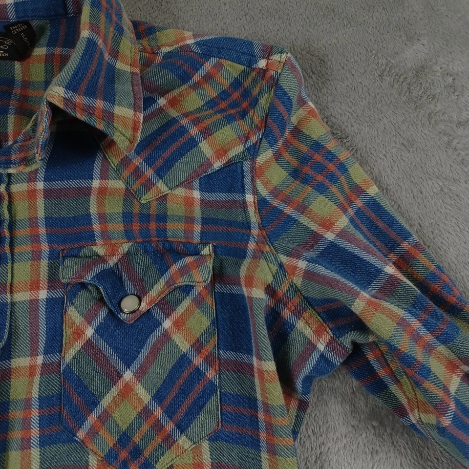 Top RRL Ralph Lauren para mujer pequeño azul franela perla yema a presión occidental Foto 3 de 4