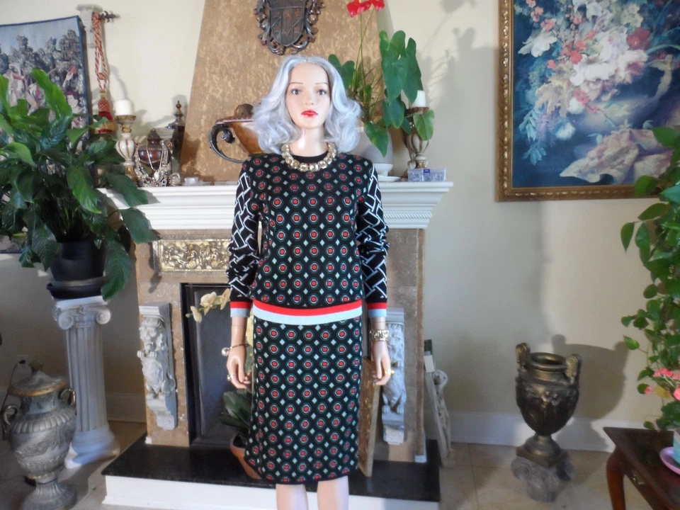 Nuevo Diane Von Furstenberg Negro Multi Estampado Lana Tejido Falda Traje Talla S Foto 3 de 4