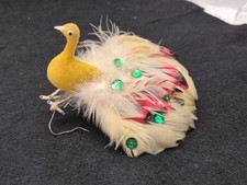 Peacock Bird Christmas Tree Ornament Vintage Flocked Real Feather Sequin Craft