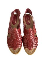 Vintage 80s East Fifth Red Leather Woven Huarache Sandals Flat Brazil Size 7