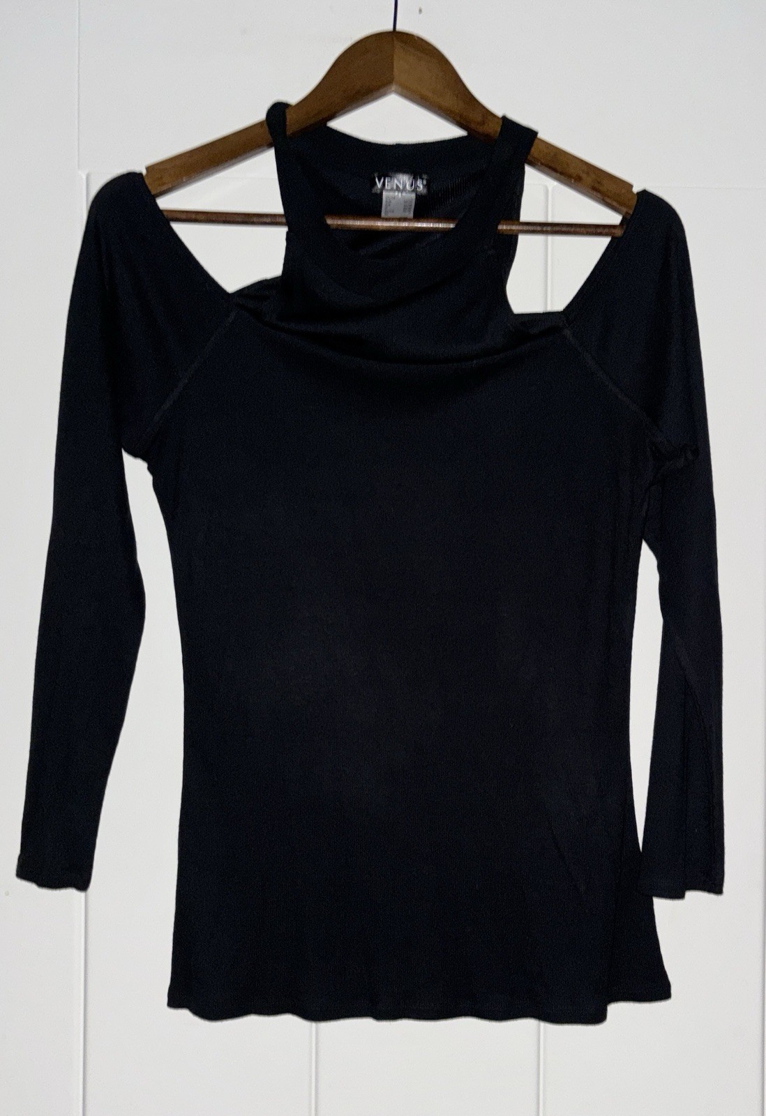 Venus Slash Neck Cold Shoulder Classic Rib Knit Black Top Women L Summer Travel