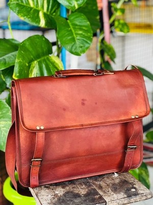 16'' Leather Full Flap Messenger Laptop Canvas Satchel Padded Shoulder Computer