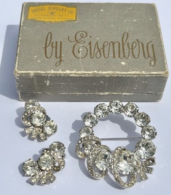 EISENBERG Vintage Rhinestone Wreath Brooch  & Earring Set in Original Box