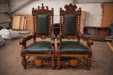  Throne Chairs Hand Carved Wood, Mahogany, Emerald Green Leather/ Art
