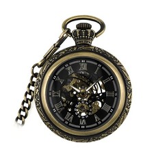 Men's Mechanical Skeleton Pocket Watch Roman Numerals Dial Steampunk Hand-Win...