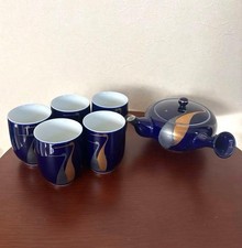 Fukagawa Seiji Arita Ware Teapot  5 Teacups Set Blue  Gold Cranes