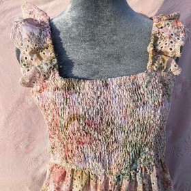 Eyelet Lace Wide Leg Jumpsuit Size L Pink Floral Smocked Fairy Cottage Pastel