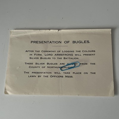 1923 Northumberland Füsiliere Flugblatt Geschenk Silberhorn von Lord Armstrong 