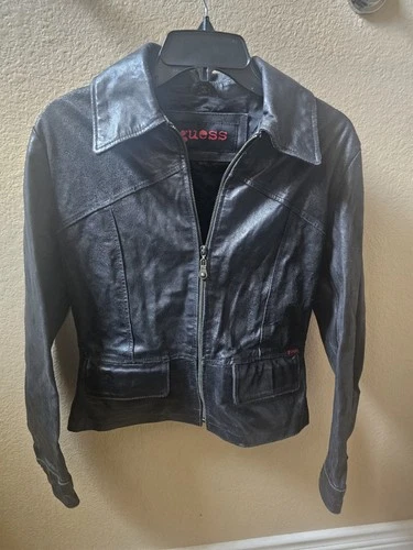 Vintage Guess Genuine Leather Black Motorcycle Jacket Women's S. Front Pockets image 10