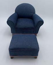Juego de silla y otomana vintage para muñecas Boyds azul tapizado patas de madera mini sillón