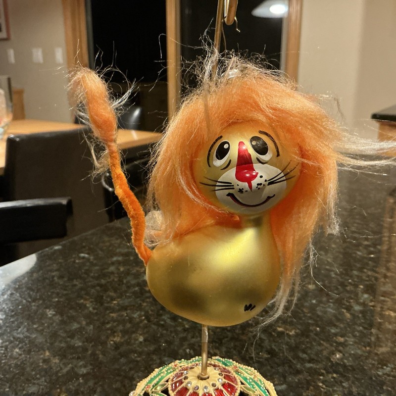 VTG HAND BLOWN &PAINTED DE CARLINI XMAS ORNAMENT FRIENDLY LION NEAR MINT ITALY