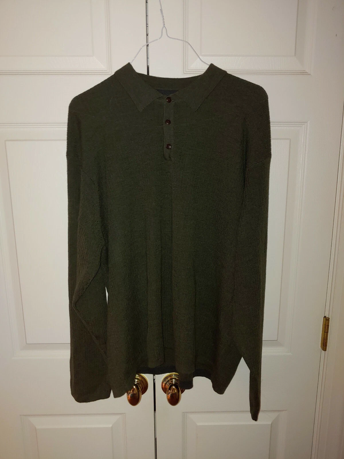 Men Eddie Bauer Ribbed Olive Green Wool Collared Button Neck Sweater Size XXL