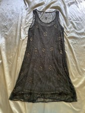 Vintage Grey Beaded Sheer Mesh Mini Dress Boho Gatsby Party Size 8