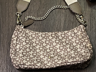 NICE! DKNY Beige Logo Monogram Crossbody Bag Chain Handle Adjustable Logo Strap