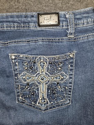 Earl Jean Jeans Womens 16 Blue Bootcut Rhinestone Embroidered Cross Pockets