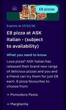 2 x Pizzas for £8 each. Valid to 27th Feb. 