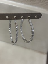 925 Sterling Silver CZ Baguette Large Hoop Earrings