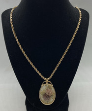Vintage Floral Cameo Style Rose Oval Pendant Necklace Goldtone Rope Chain