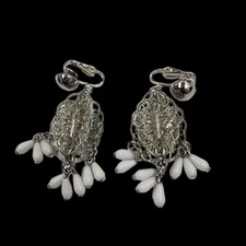 VINTAGE SILVER TONE ART DECO STYLE CHANDELIER CLIP-ON EARRINGS