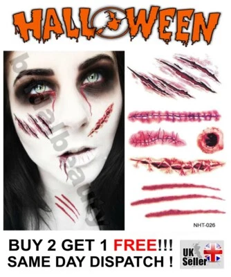 Halloween Zombie Horror Scab Scars Wound Scratch Temporary Tattoos Costume Party