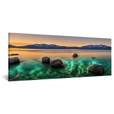 KREATIVE ARTS Large Lake Tahoe Canvas Wall Art - 20"x55" Rocks in Clear Turqu...