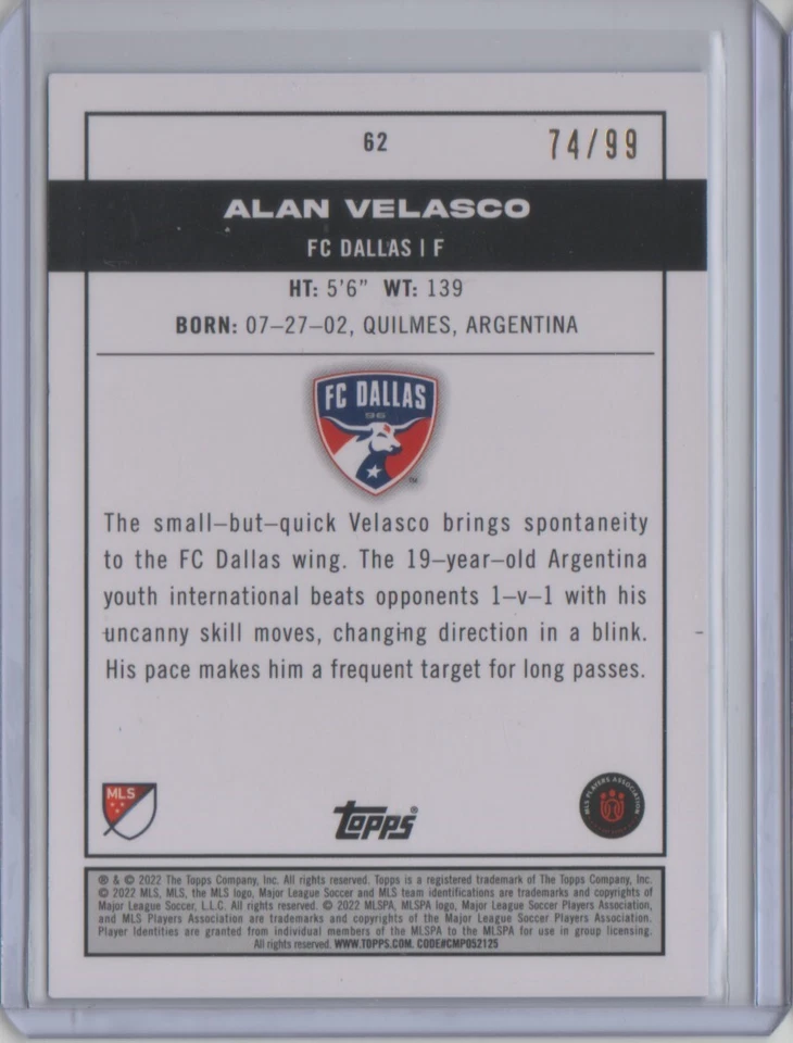 2022 Topps MLS Blue #62 Alan Velasco PP RC 74/99 Pitch Prodigies - Flat S/H - Image 2 of 2