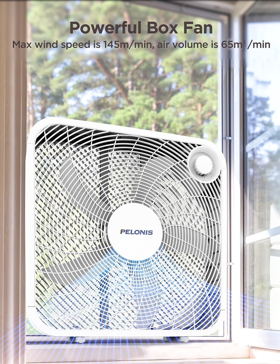 PELONIS 3-Speed Box Fan for Full-Force Circulation with Air