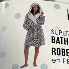 Women's Super Soft Plush Hooded Bath Robe   Spa   Gray Polka Dot   Knee Length