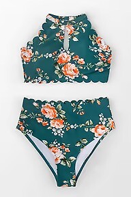 Cupshe TEAL Scalloped Halter Neck Floral Bikini Swim Top, US Large, NWOT