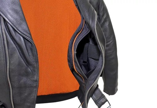 Men's Leather Black Motorcycle Biker Racer Jacket With Orange Inner And Belt - Picture 2 of 7