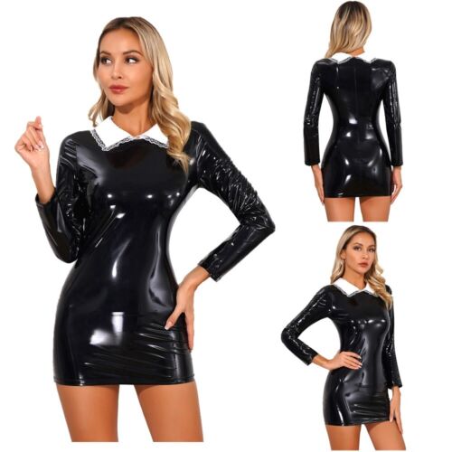 Damen Röhrenkleid Lack PVC Kleider Leder Minikleider Clubwear Lederkleid Vampir - Afbeelding 1 van 28