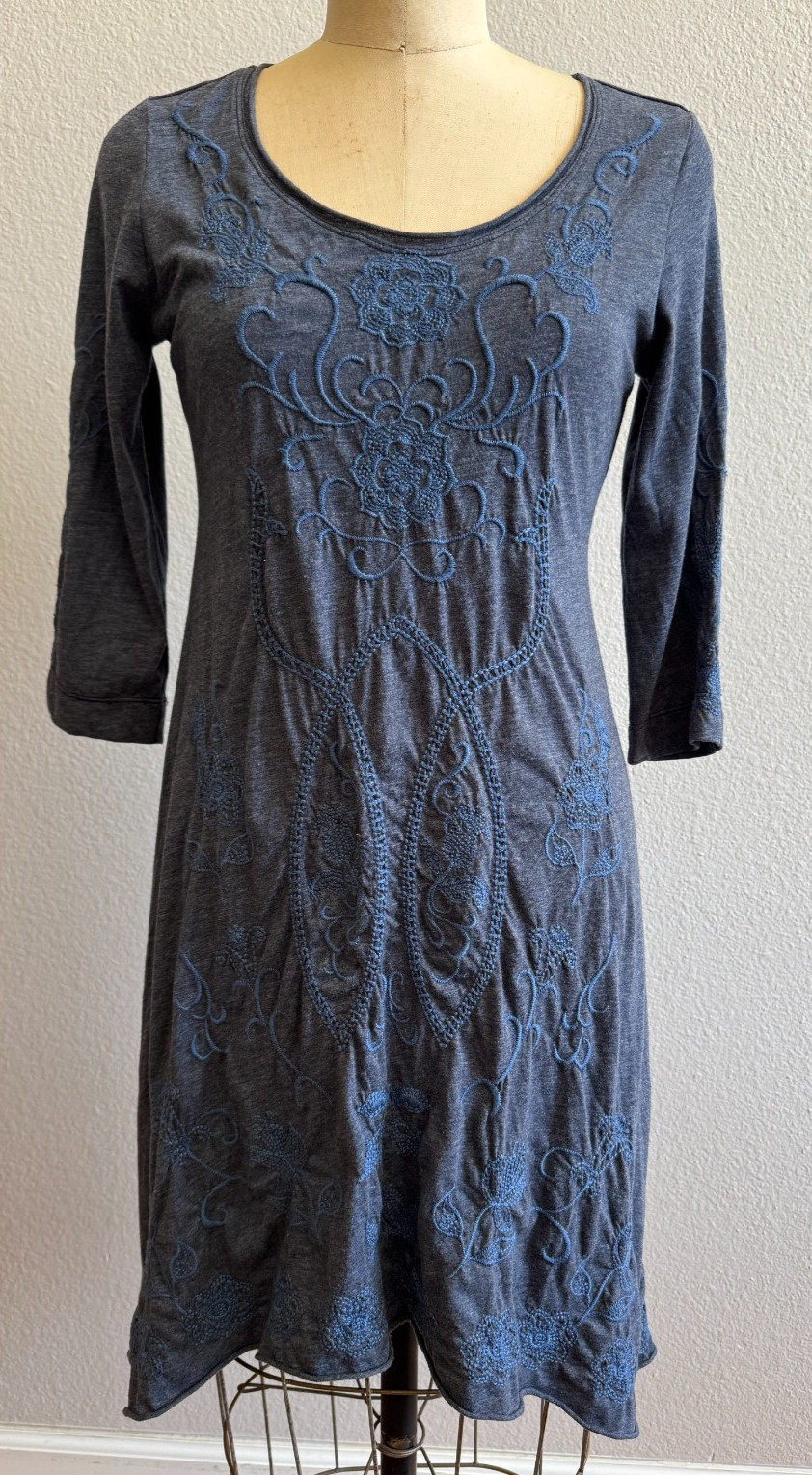 Johnny Was  sz Small Los Angeles Blue Embroidered 3/4 Sleeve Dress/Tunic Boho
