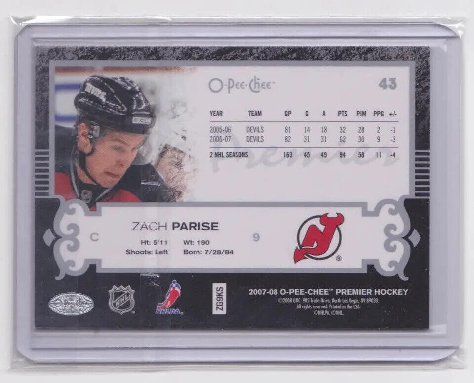2007-08 O-PEE-CHEE PREMIER BASE CARD /299 ZACH PARISE #43 NEW JERSEY DEVILS - Image 2 of 2